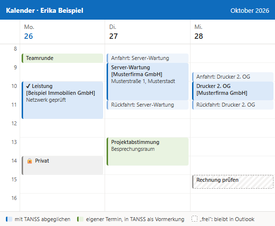 Outlook-Kalender von Erika Beispiel, Montag bis Mittwoch: Kundentermine wie „Server-Wartung [Musterfirma GmbH]“ mit eigenen Einträgen für Anfahrt und Rückfahrt, eine Leistung mit Haken, ein privater Termin, eigene Termine wie die Teamrunde und die freie Erinnerung „Rechnung prüfen“.